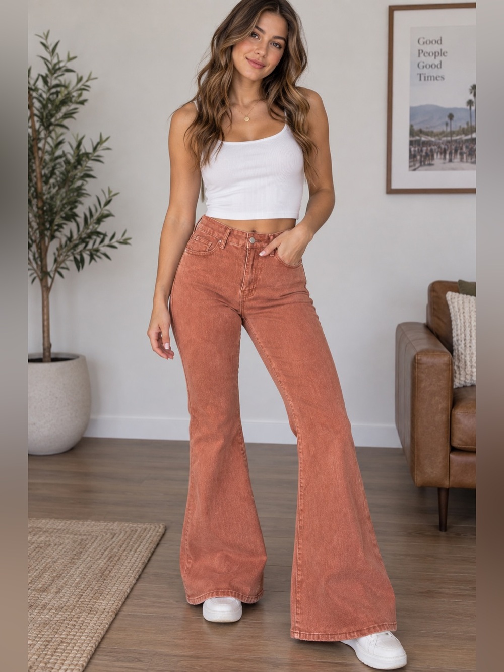 Gilipuur Women's High-Rise Flare Jeans in Pink/Orange L
